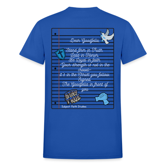 “Goodfellas— Faith Studies” Composition T-Shirt - royal blue